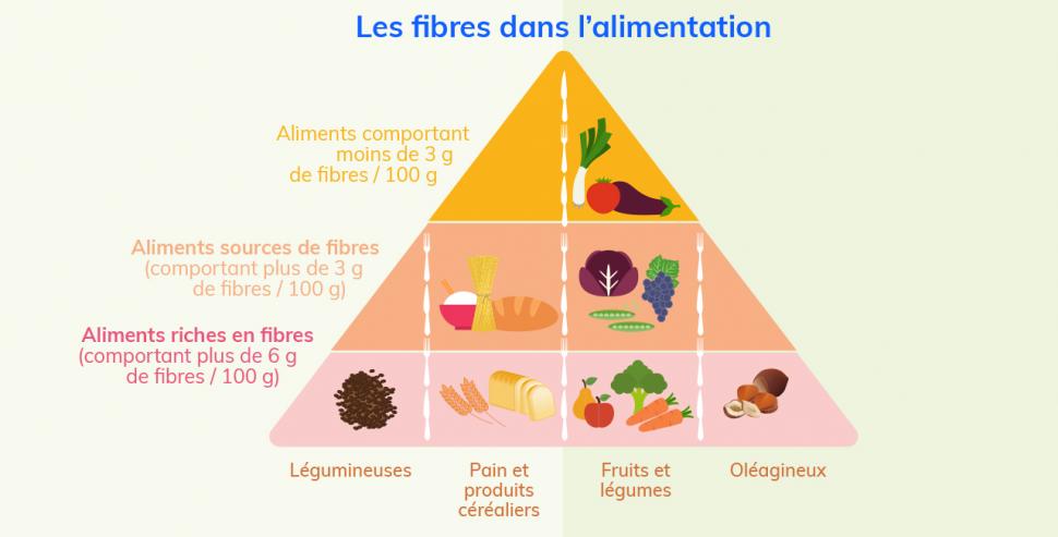 Pyramide des aliments plus ou moins riches en fibres