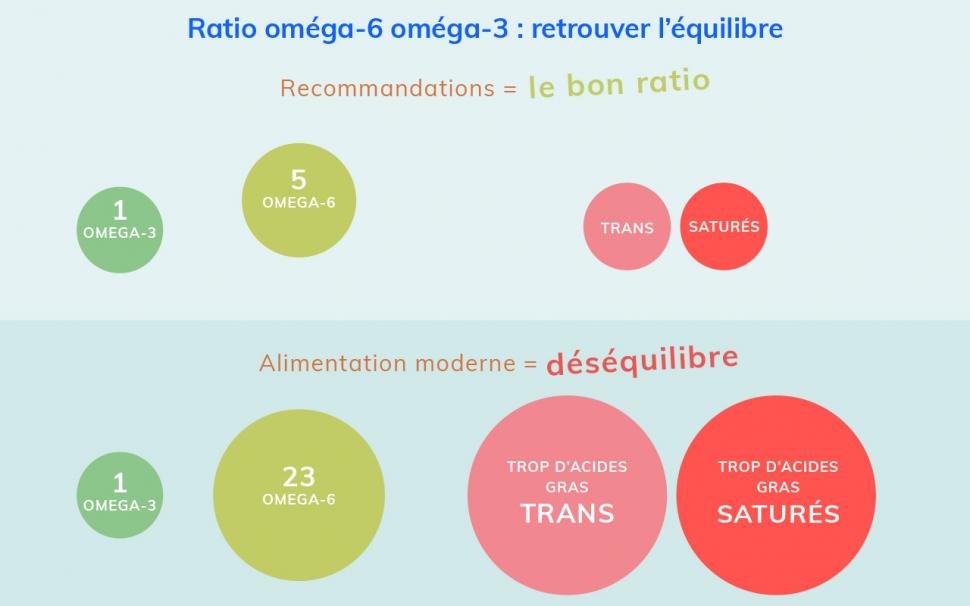 Le bon ratio d’oméga-6 et oméga-3 et la proportion d’acides gras trans et saturés à respecter.